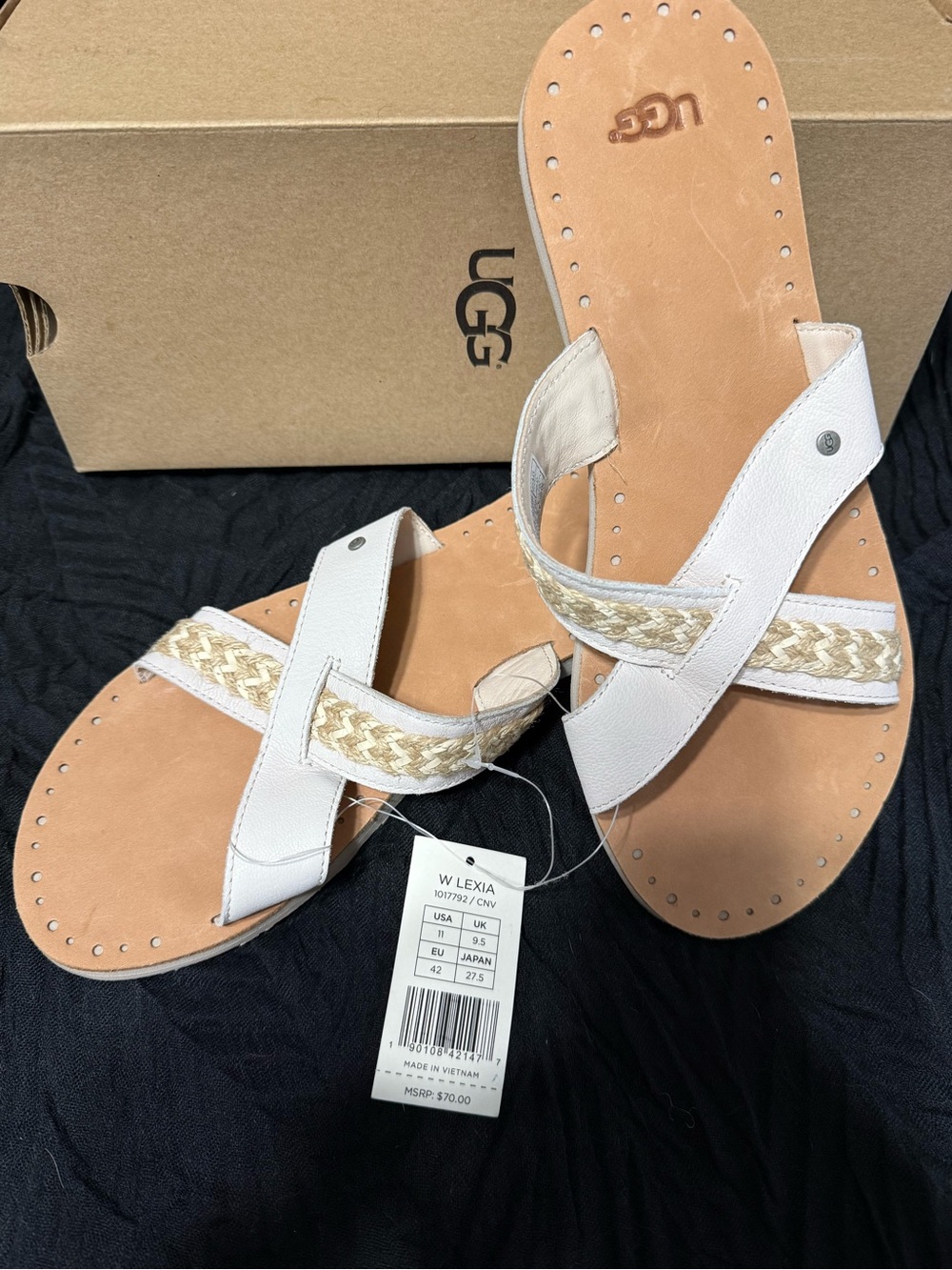 UGG White W Lexia Braided-Strap Leather Slide Sandals